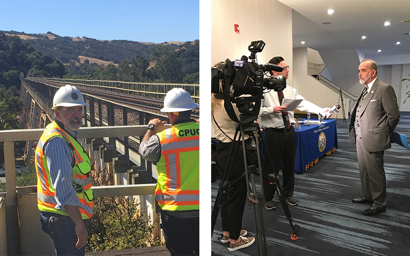 Two photos of Roger Clugston. One is him out in the field wearing a hard hat and safety vest at the Muir Trestle, the other is him dressed in a suit in an on-camera interview.