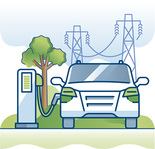 An illustration showing an electric vehicle at a charging station with power lines in the background. 